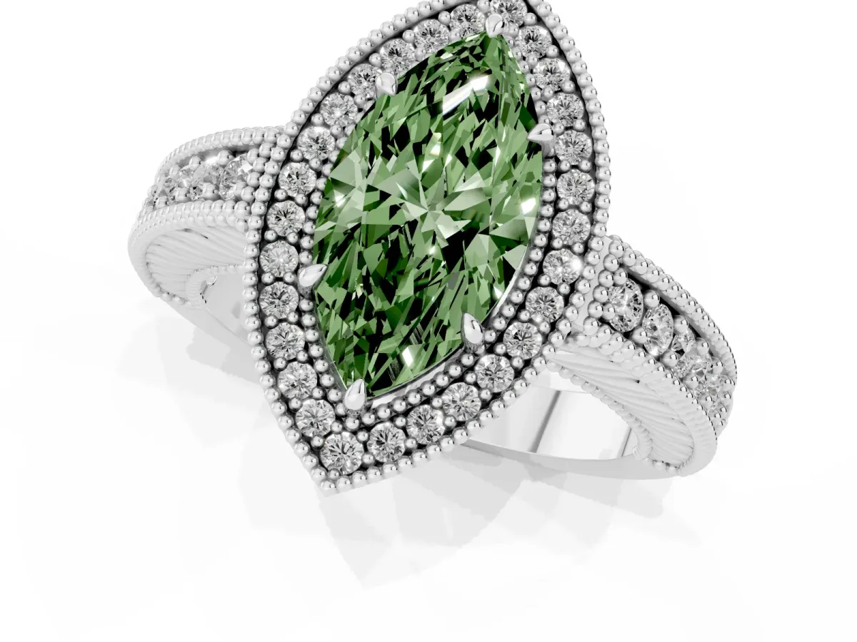Fancy Green Marquise Cut Cut Halo Diamond Ring with Pavé Band and Four-Prong Setting Platinum