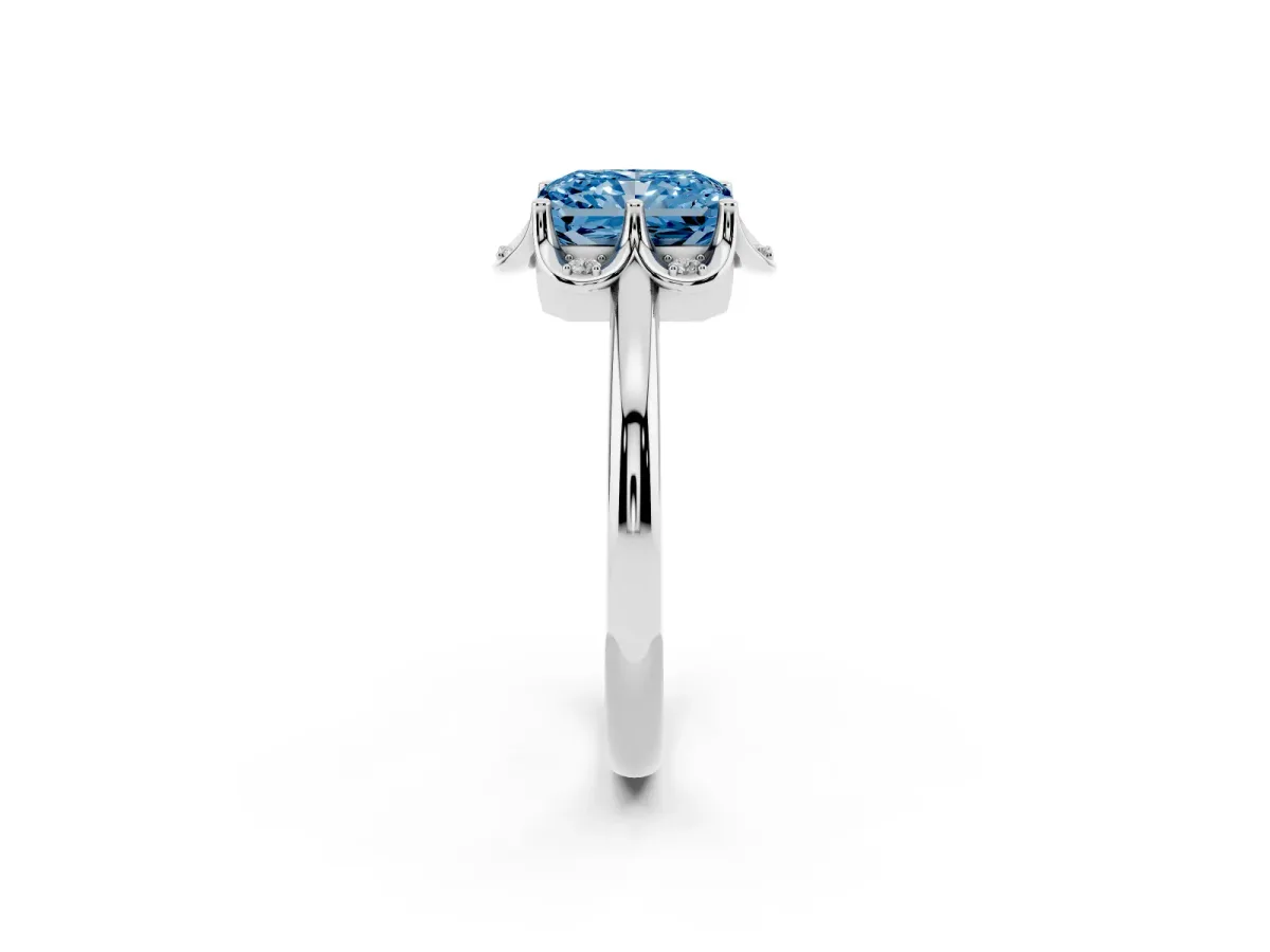 Fancy Blue Radiant Cut Halo Diamond Ring with Round Cluster Setting, Solitaire Band, and Four-Prong Setting Platinum