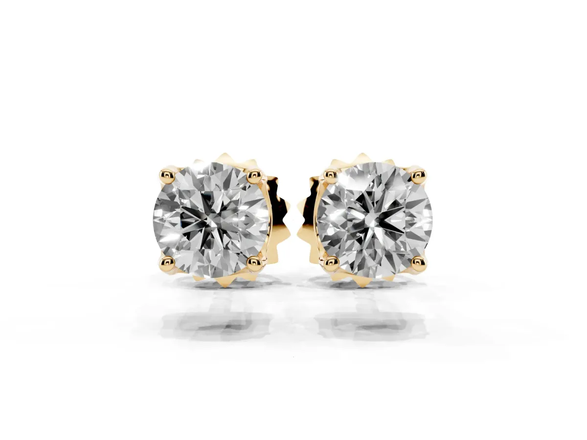Round Solitaire Diamond Stud Earrings with Four-Prong Basket Setting Yellow gold