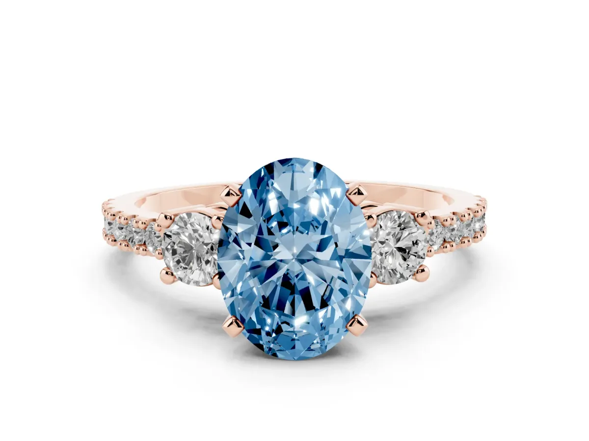 Fancy Blue Oval Cut Three-Stone Diamond Pavé Band with Prong Setting Rose gold