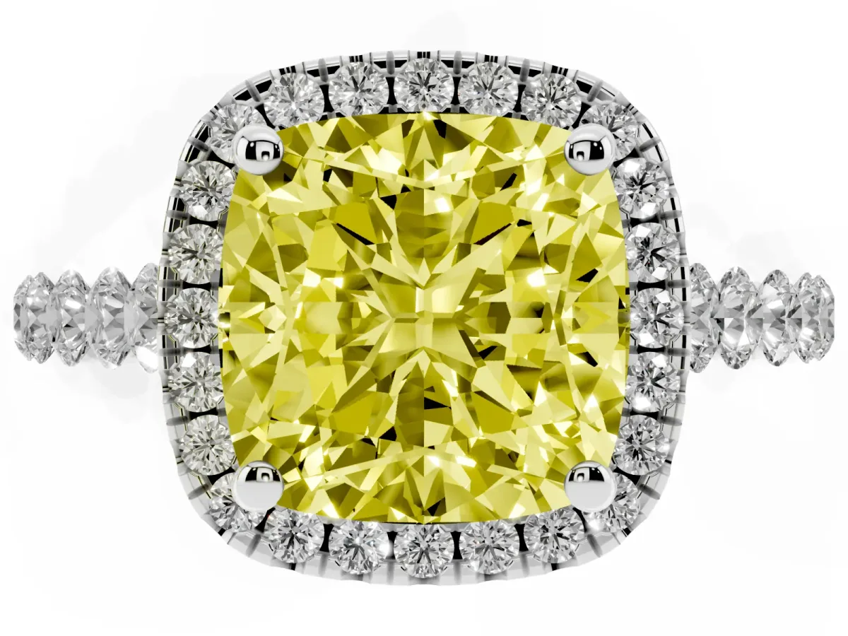 Fancy Yellow Cushion Cut Halo Pavé Diamond Engagement Ring with Four-Prong Setting White gold