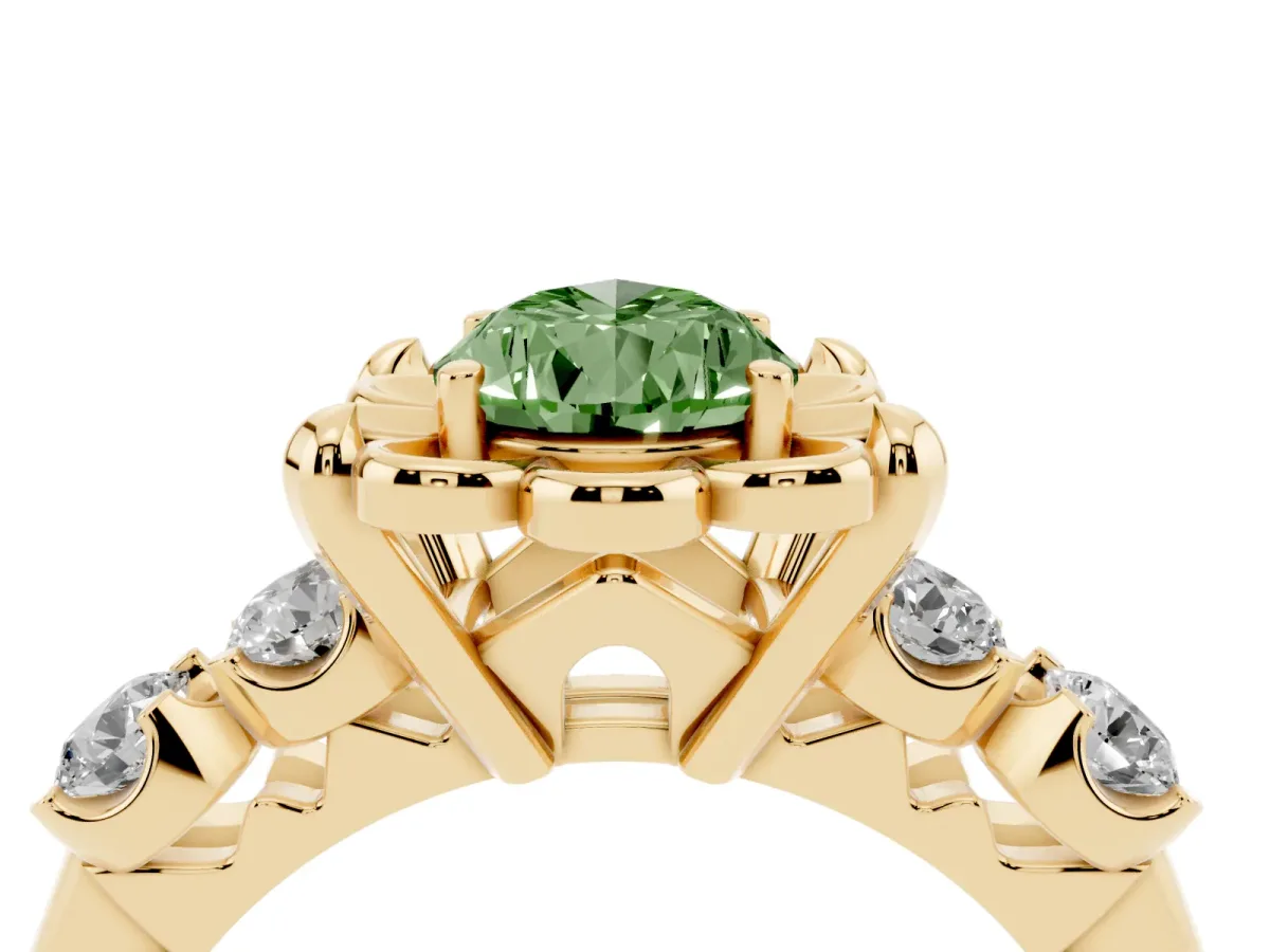 Fancy Green Pear Cut Cut Diamond Floral Halo Engagement Ring with Shared Prong Setting Yellow gold