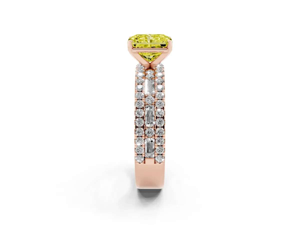 Fancy Yellow Radiant Cut Diamond Solitaire Ring with Pavé and Channel Set Band Rose gold