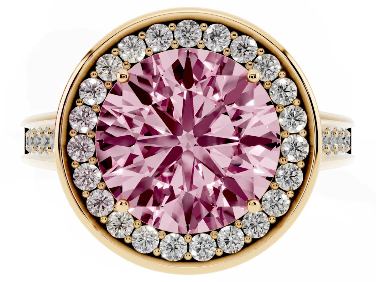 Fancy Pink Round Cut Halo Solitaire Diamond Ring with Pave Band and Bezel Setting Yellow gold