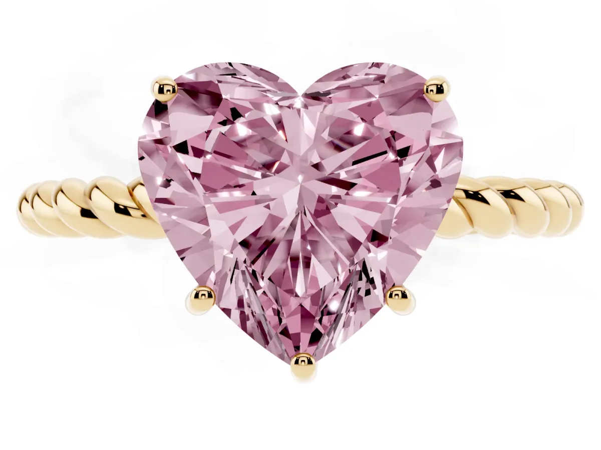 Fancy Pink Heart Cut Solitaire Twist Band Ring with Four-Prong Setting Yellow gold