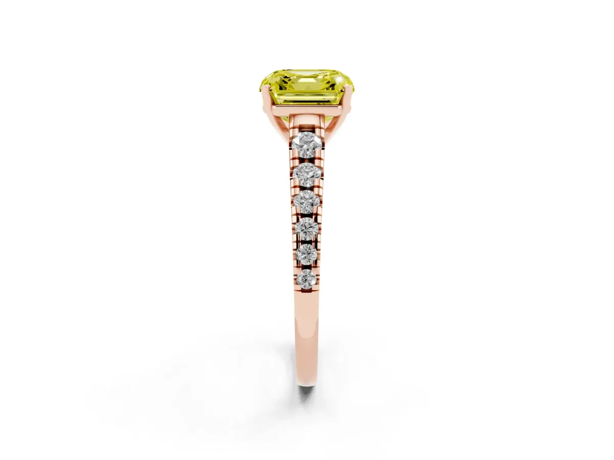 Fancy Yellow Asscher Cut Diamond Cathedral Solitaire Ring with Round Pavé Band Rose gold