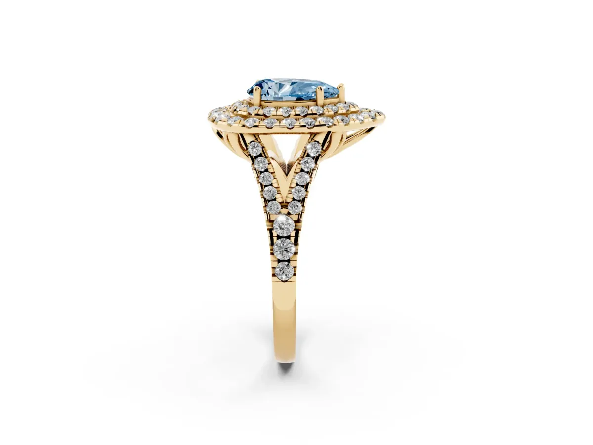 Fancy Blue Double Halo Pear Cut Diamond Pavé Split Shank Ring with Prong Setting Yellow gold