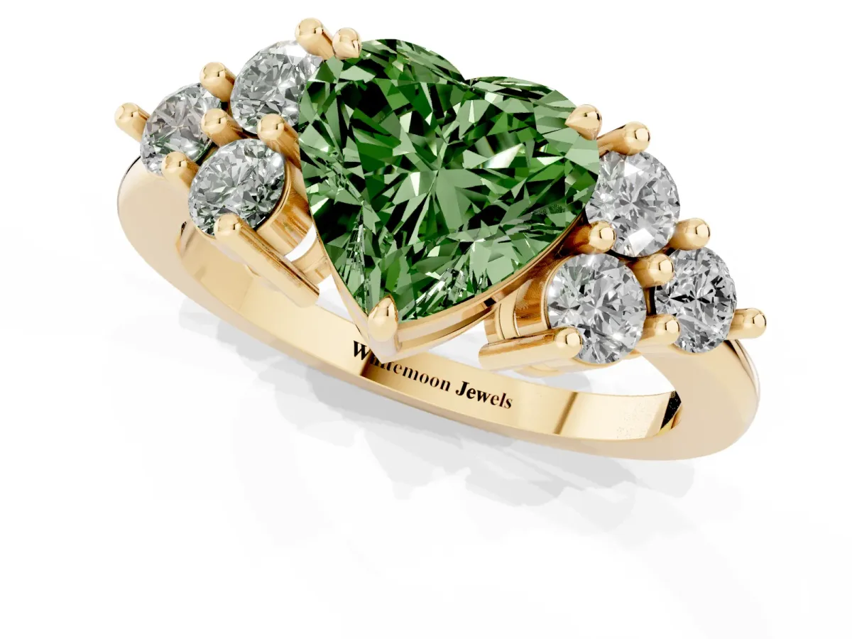 Fancy Green Heart Cut Brilliant Diamond Cluster Accent Solitaire Ring with Prong Setting Yellow gold
