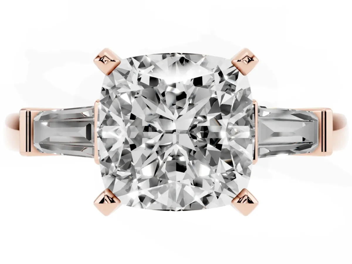 Cushion Cut Cut Diamond Solitaire Ring with Tapered Baguette Accents and Four-Prong Setting Rose gold