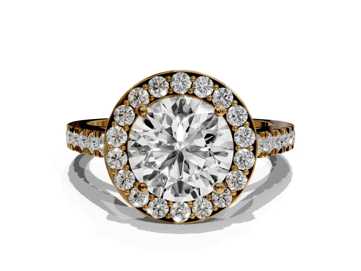 Round Cut Diamond Halo Ring with Round Pavé Split Shank and Prong Setting Yellow gold