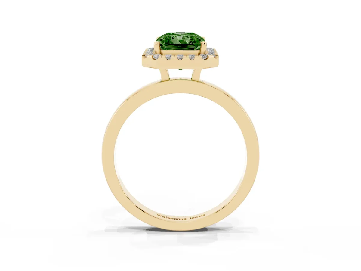 Fancy Green Radiant Cut Halo Diamond Solitaire with Pavé Band and Four-Prong Setting Yellow gold