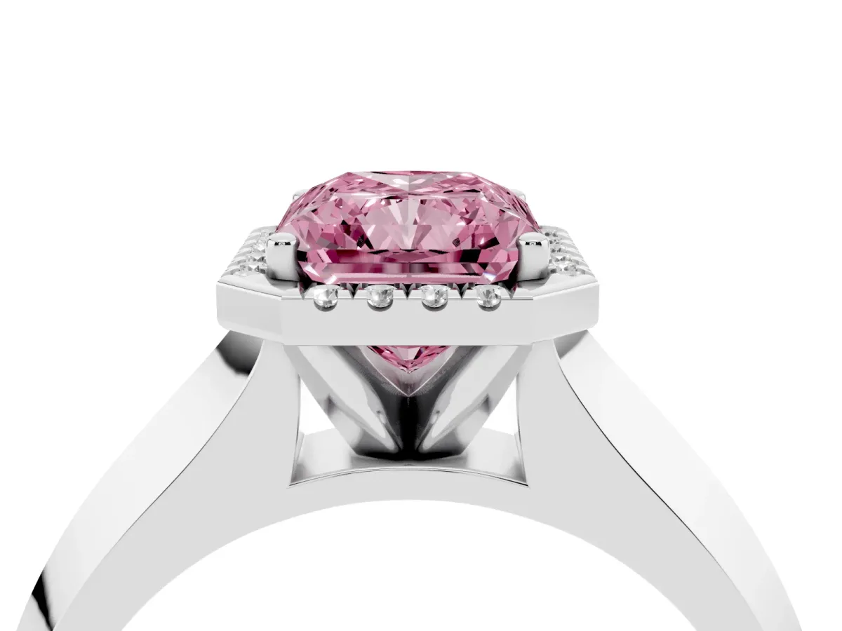 Fancy Pink Radiant Cut Halo Diamond Ring with Cathedral Band and Four-Prong Setting White gold