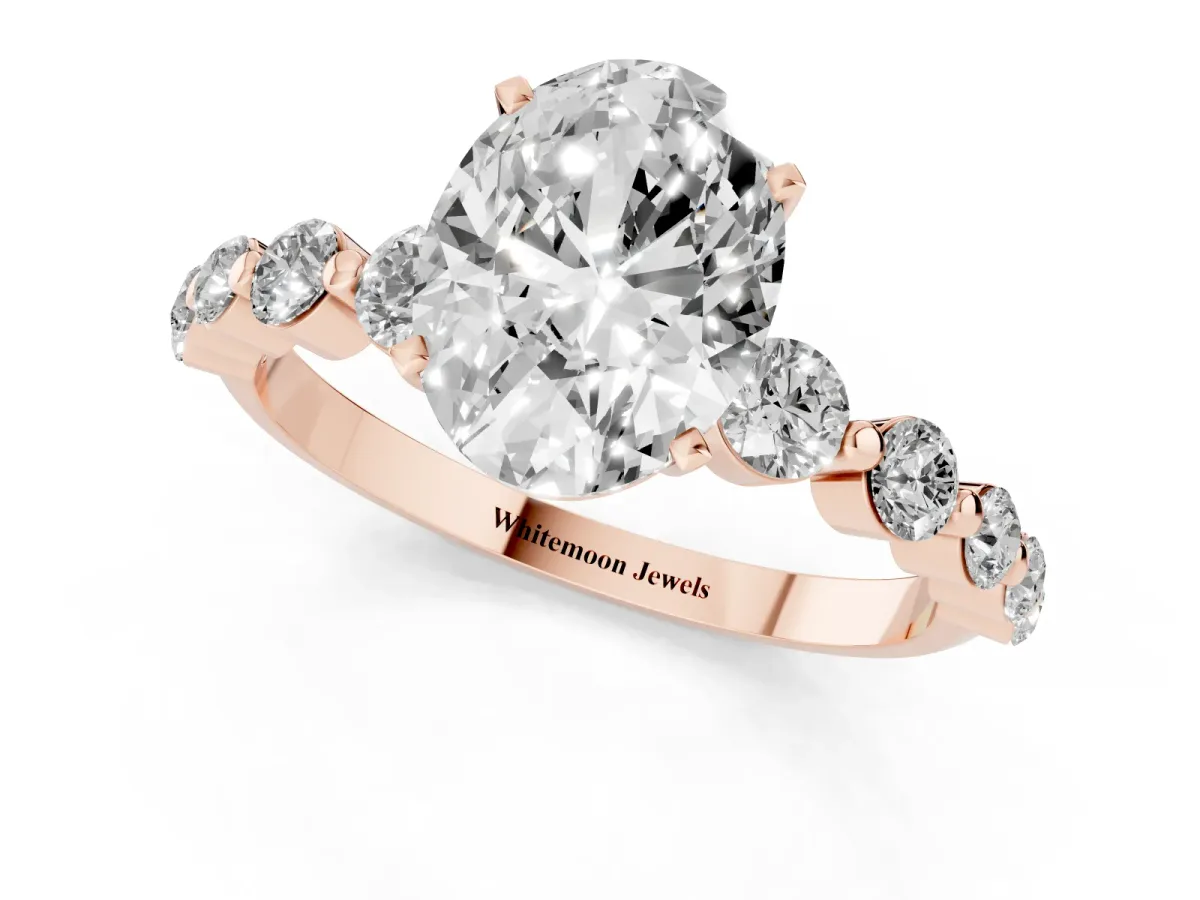 Oval Cut Solitaire Diamond Ring with Pave Band and Four-Prong Setting Rose gold