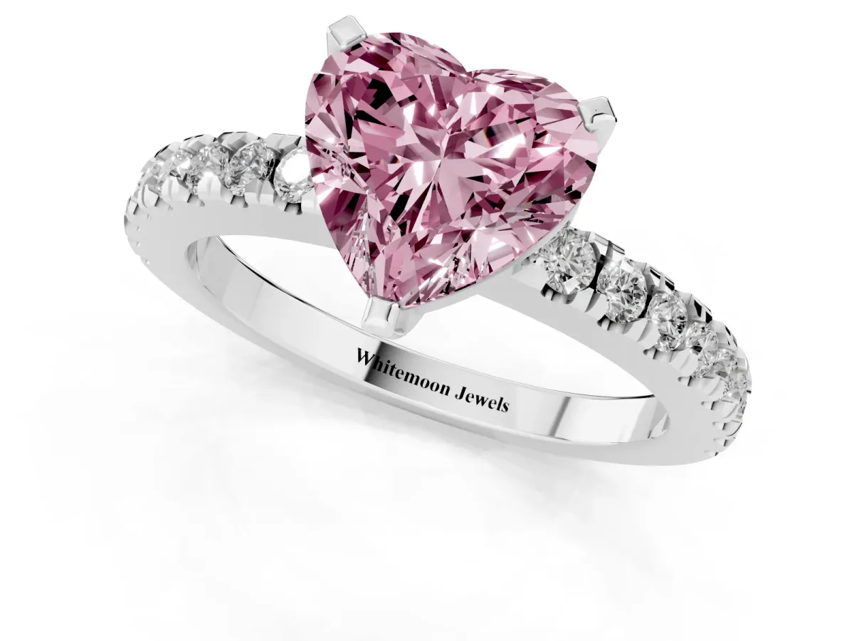 Fancy Pink Heart Cut Solitaire Diamond with Pavé Band and Four-Prong Setting White gold