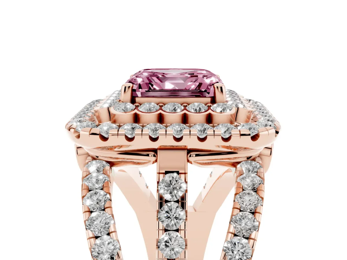 Fancy Pink Asscher Cut Diamond Double Halo Ring with Round Pavé Split Shank and Prong Setting Rose gold