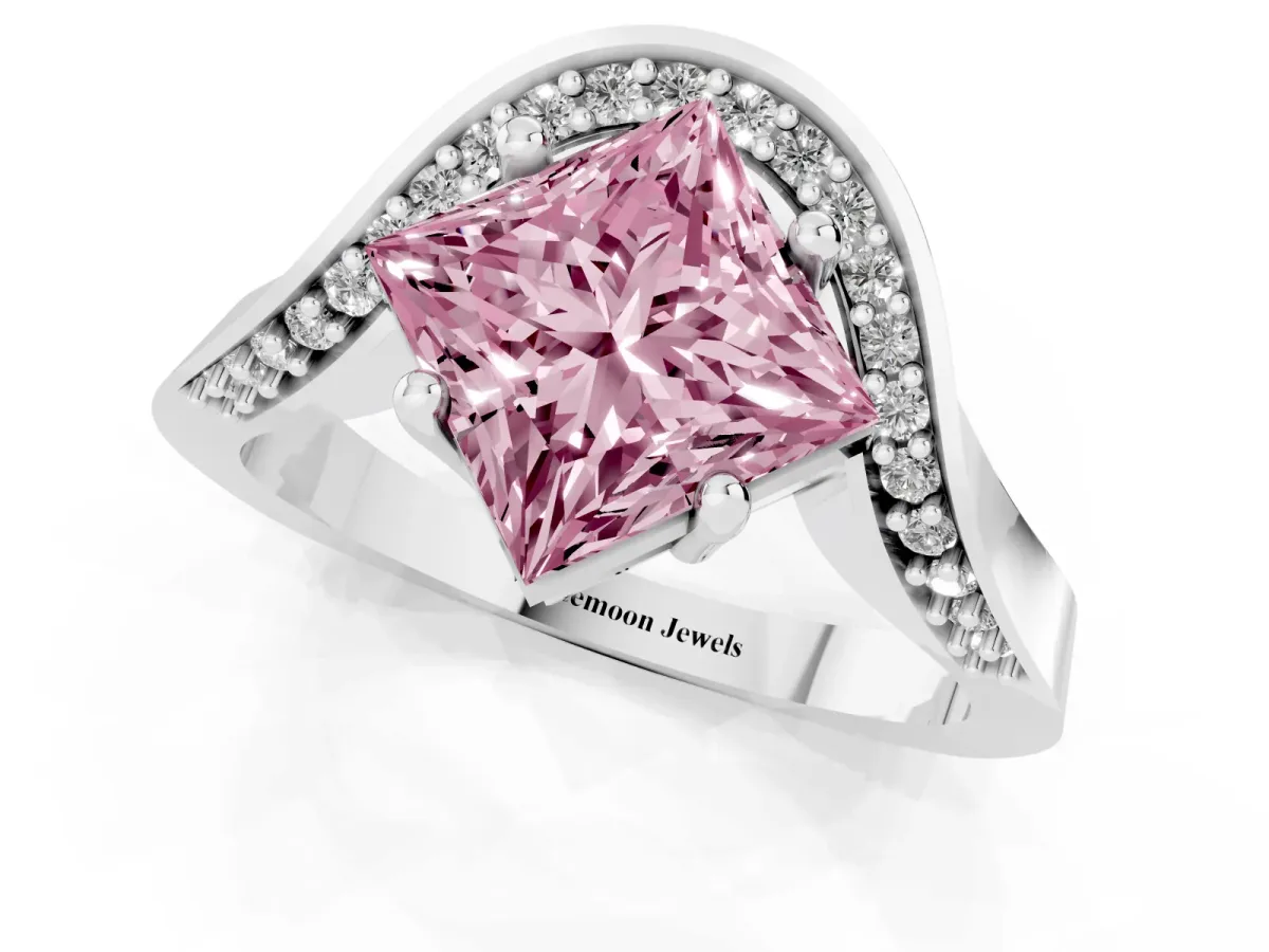 Fancy Pink Princess Cut Solitaire Diamond Engagement Ring with Pave Band and Four-Prong Setting Platinum
