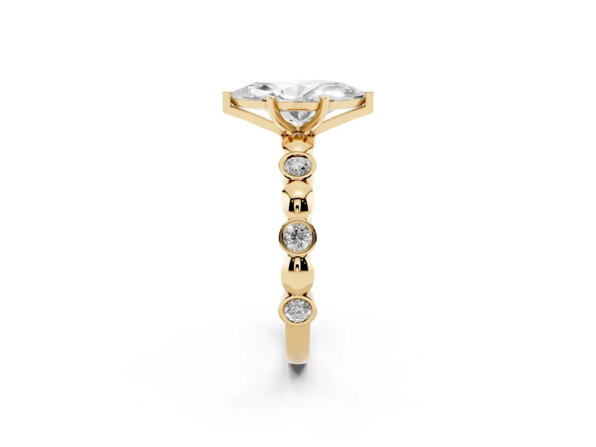 Marquise Cut Solitaire Bezel-Set Diamond Ring with Beaded Band and Four-Prong Setting Yellow gold