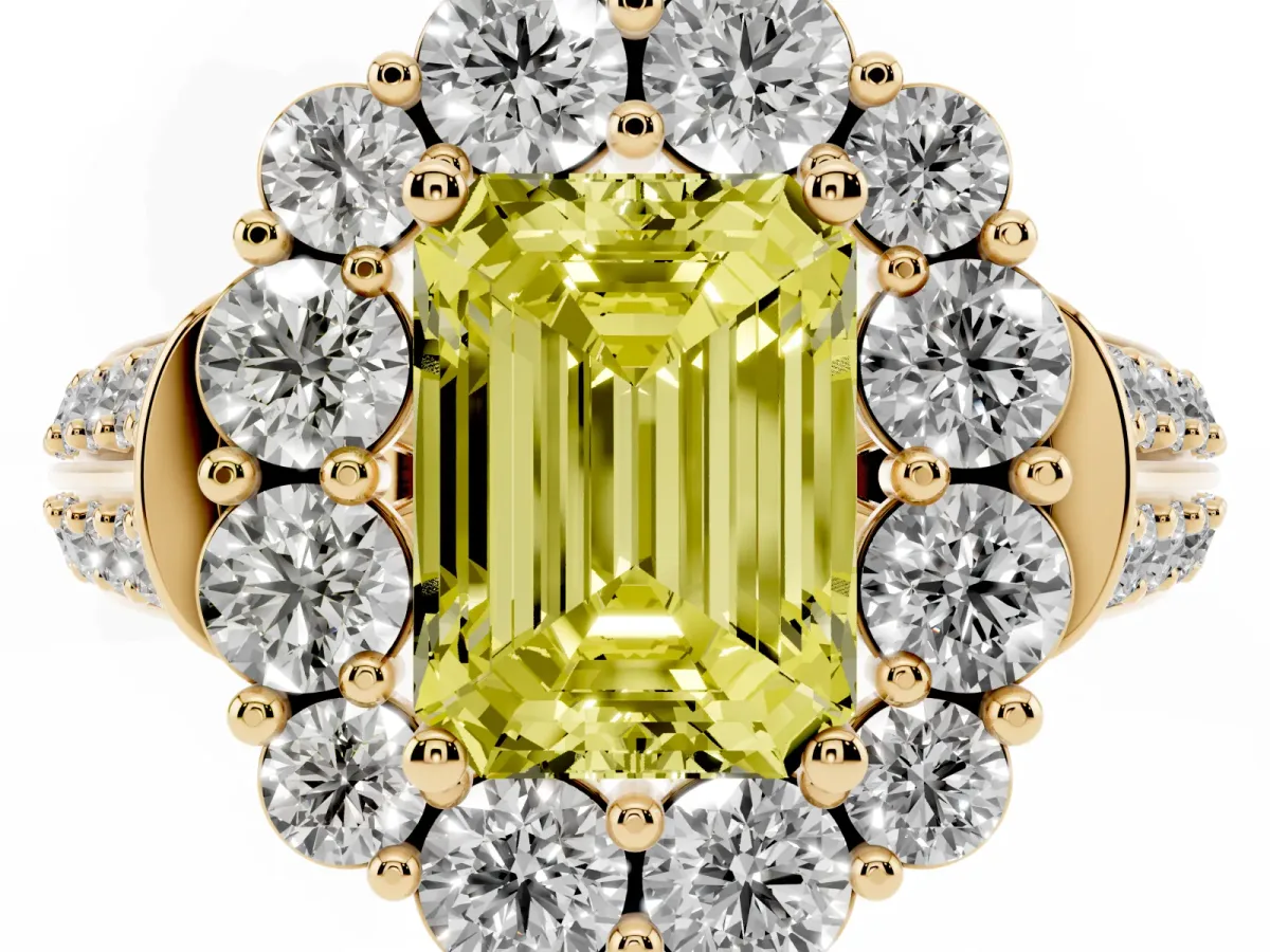Fancy Yellow Emerald Cut Halo Diamond Engagement Ring with Split Shank and Prong Setting Yellow gold