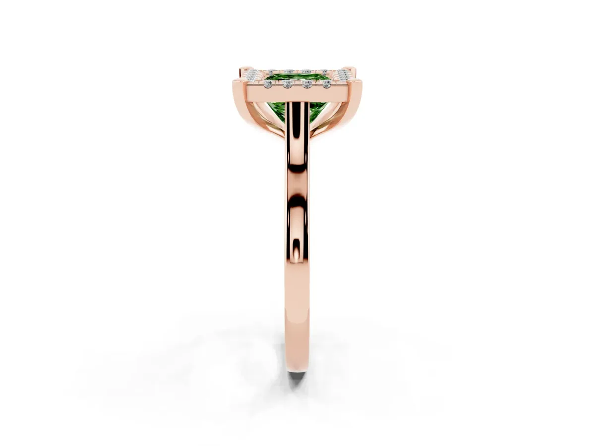 Fancy Green Princess Cut Diamond Cluster Halo Solitaire with Four-Prong Setting Rose gold