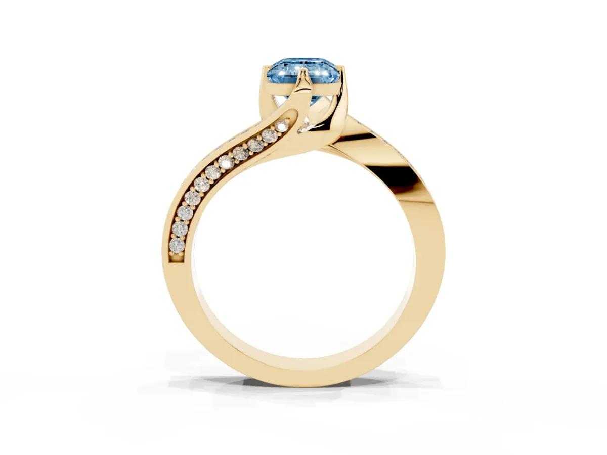 Fancy Blue Emerald Cut Solitaire Diamond Twist Band with Pavé Setting and Four-Prong Setting Yellow gold