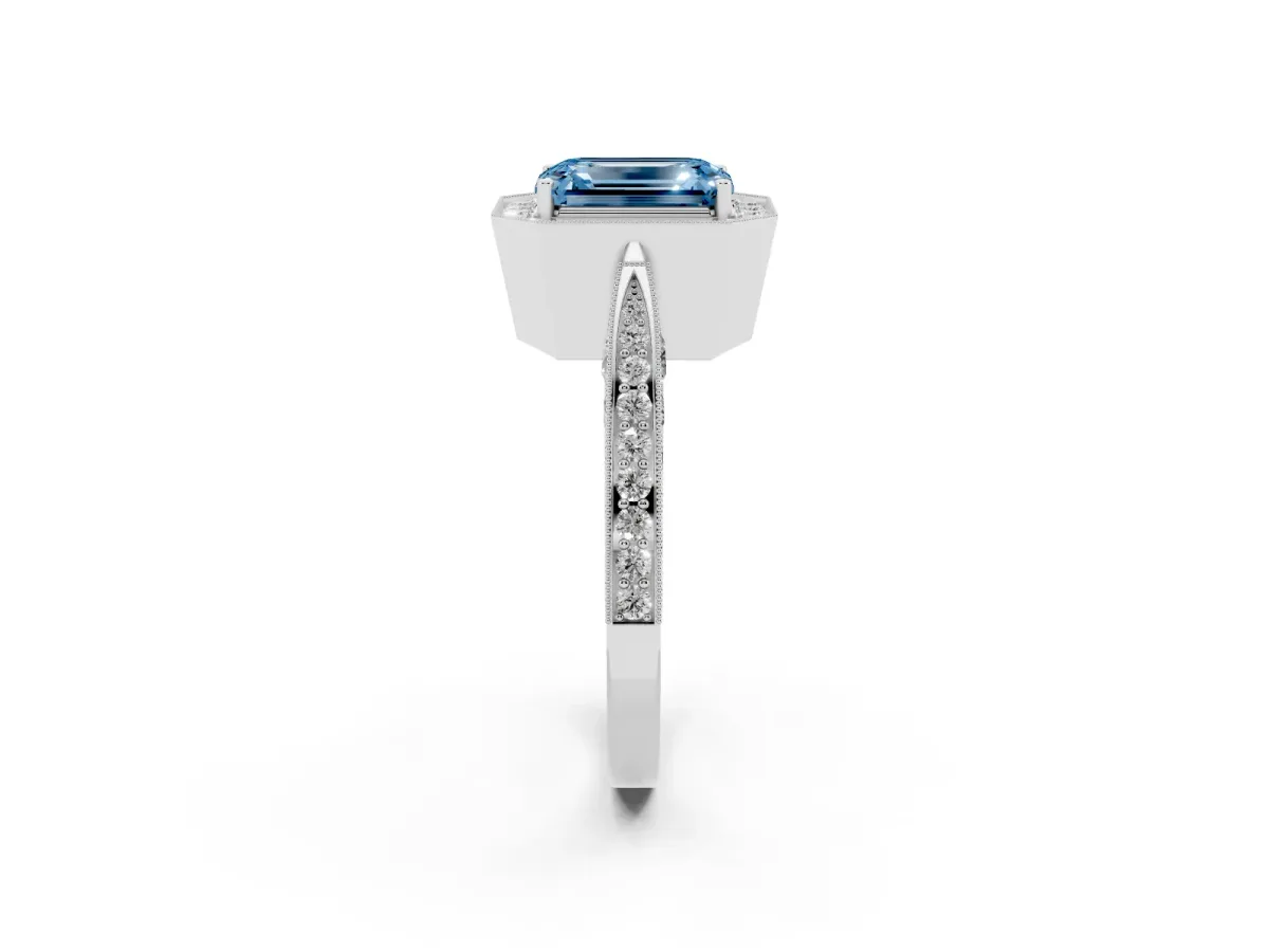 Fancy Blue Emerald Cut Halo Diamond Engagement Ring with Split Shank Band and Four-Prong Setting Silver