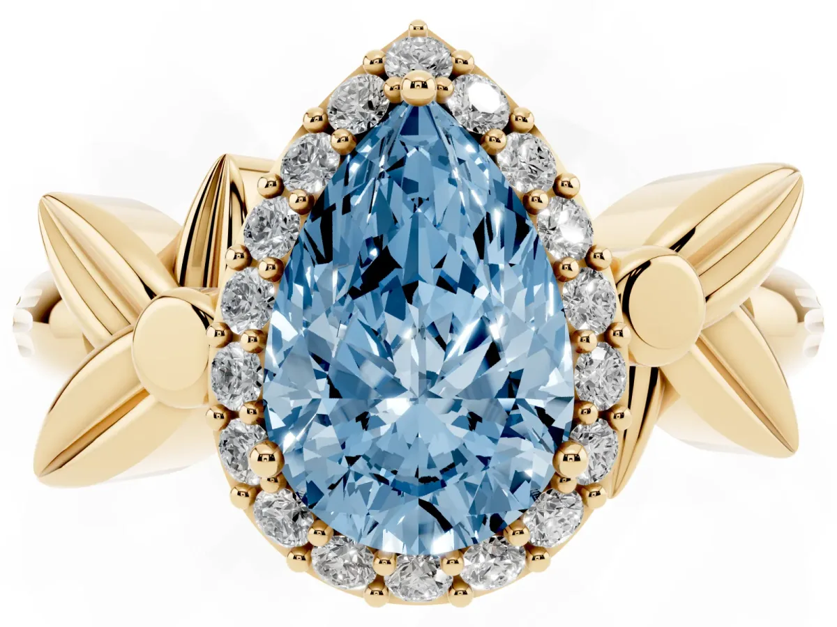 Fancy Blue Pear Cut Halo Diamond Floral Band with Four-Prong Setting Yellow gold