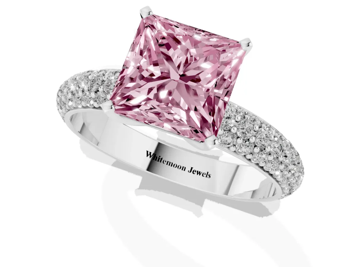 Fancy Pink Princess Cut Diamond Solitaire Ring with Prong Setting and Pavé Band Platinum