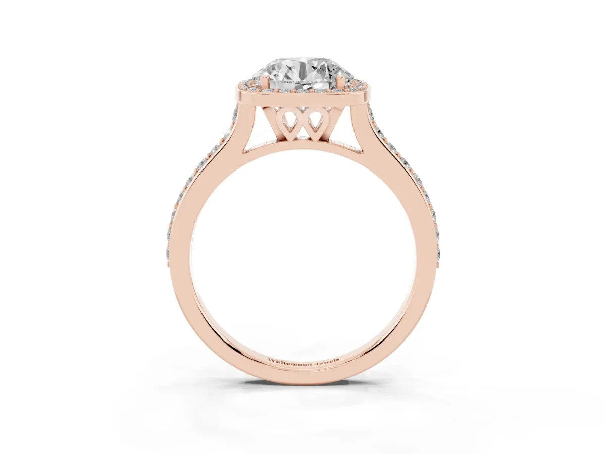 Round Cut Diamond Halo Engagement Ring with Round Pavé Shoulders and Prong Setting Rose gold