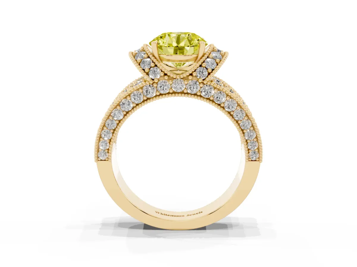 Fancy Yellow Round Cut Halo Pave Diamond Engagement Ring with Milgrain Detailing Yellow gold