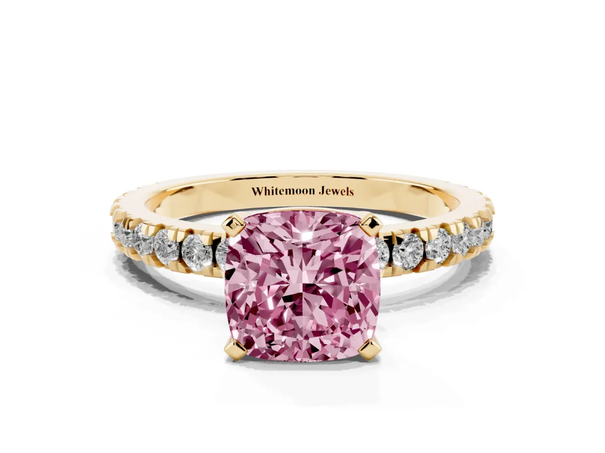 Fancy Pink Cushion Cut Diamond Pavé Band Solitaire with Four-Prong Setting Yellow gold