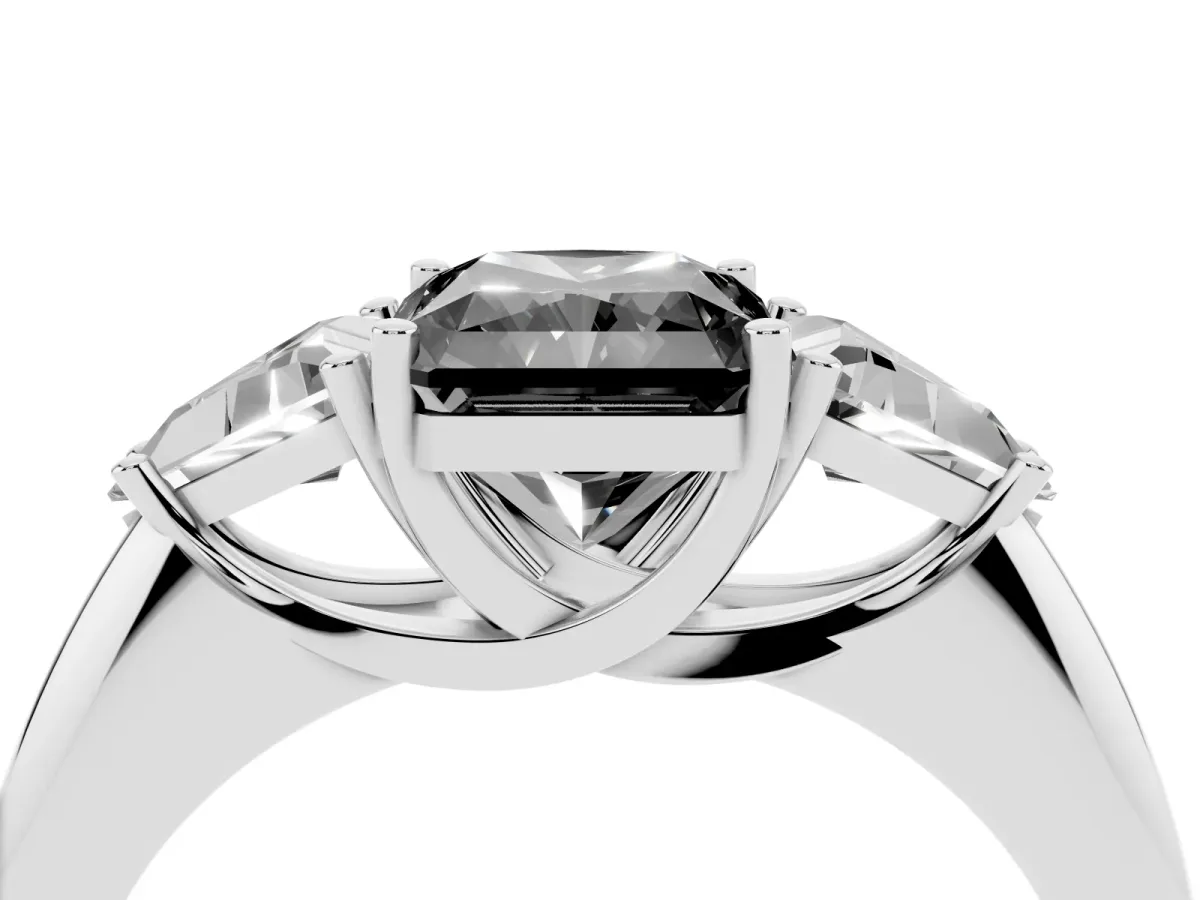 Fancy Black Three-Stone Radiant Cut Diamond Engagement Ring with Trillion Side Stones and Prong Setting Silver