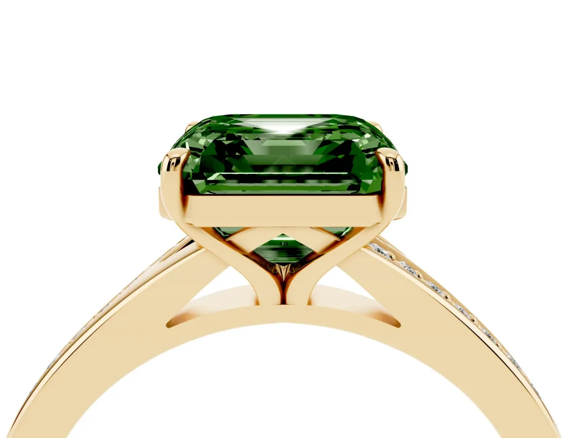 Fancy Green Asscher Cut Diamond Solitaire Ring with Pavé Band and Prong Setting Yellow gold