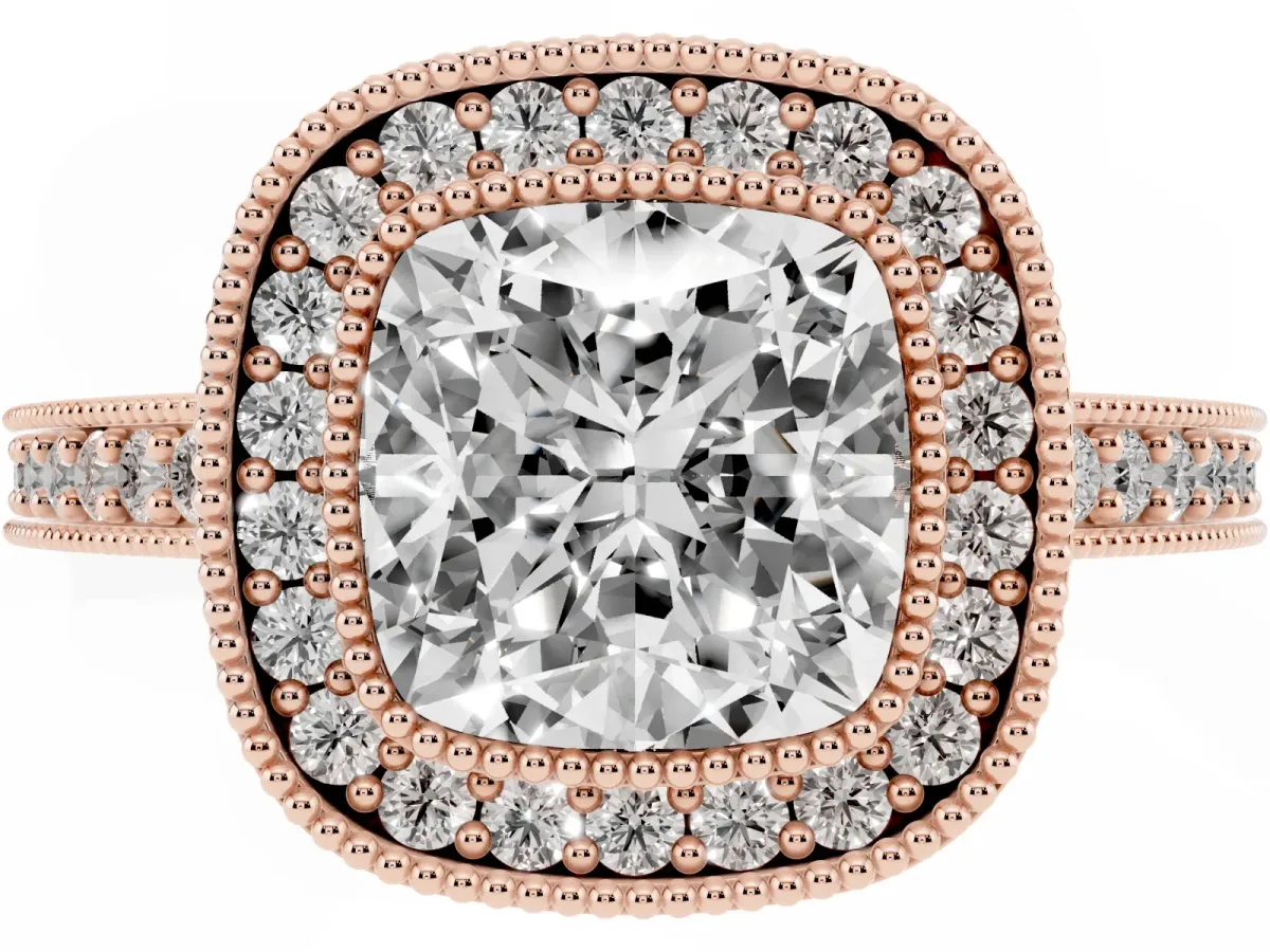 Cushion Cut-Cut Diamond Halo Engagement Ring with Pave Band and Prong Setting Rose gold