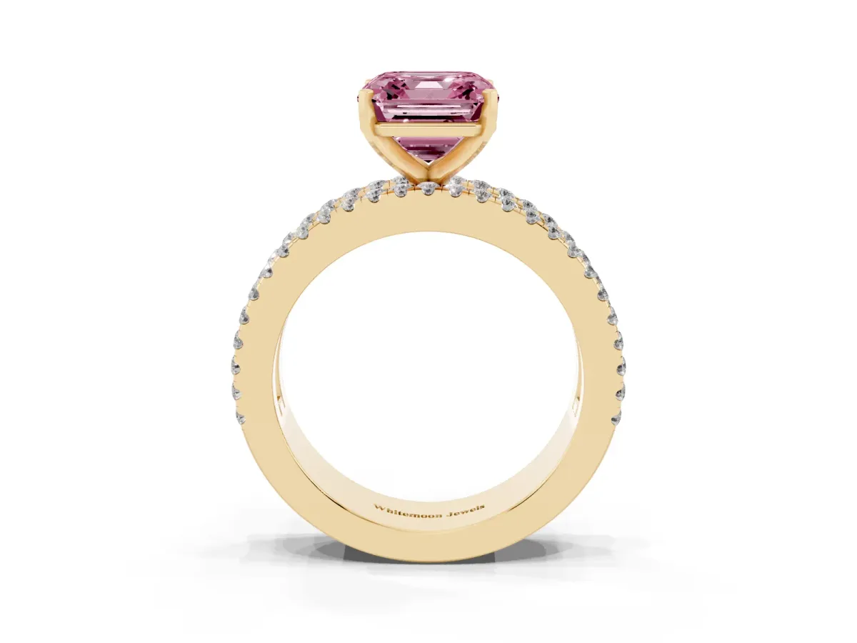 Fancy Pink Asscher Cut Diamond Solitaire Ring with Pavé and Channel Set Band Yellow gold