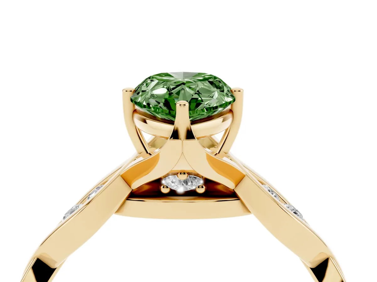 Fancy Green Pear Cut Solitaire Twist Band with Leaf Prong Setting Yellow gold
