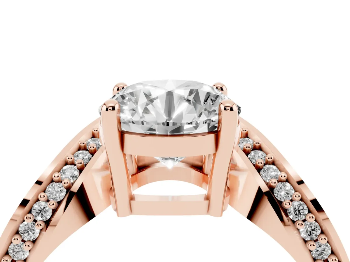 Round Cut Solitaire Diamond Engagement Ring with Pave Band and Four-Prong Setting Rose gold