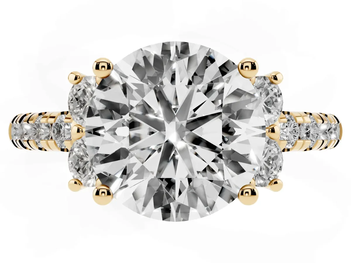 Round Cut Diamond Three-Stone Pave Band with Four-Prong Setting Yellow gold