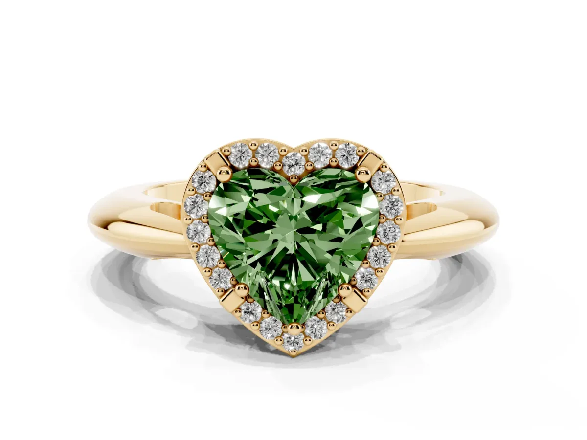 Fancy Green Heart Cut Cut Diamond Halo Engagement Ring with Split Shank and Four-Prong Setting Yellow gold