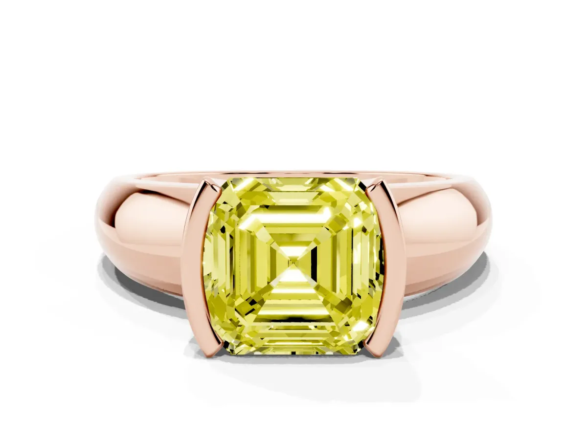 Fancy Yellow Asscher Cut Solitaire Tension Set Diamond Ring with Wide Band Rose gold