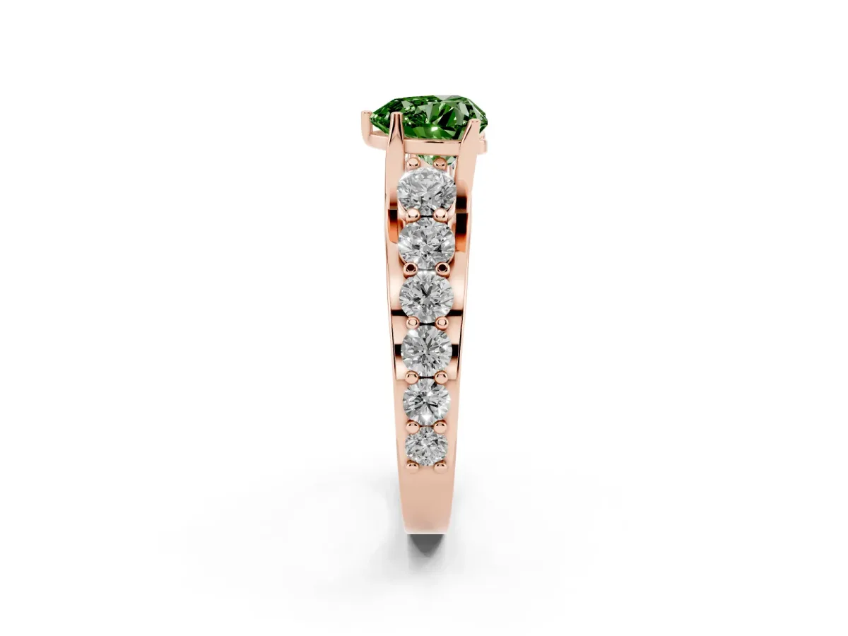 Fancy Green Heart Cut Diamond Engagement Ring with Pavé Band and Four-Prong Setting Rose gold