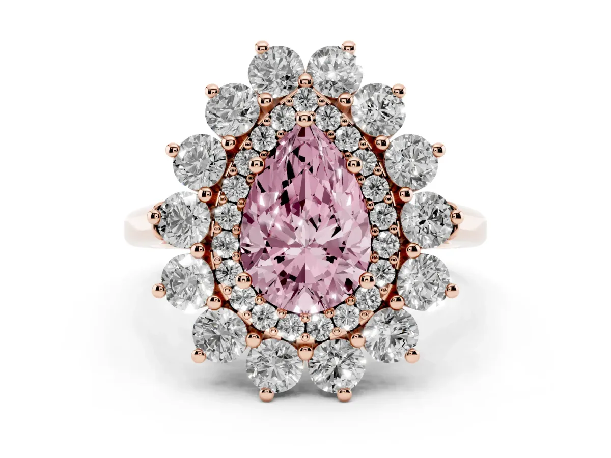 Fancy Pink Pear Cut Diamond Floral Double Halo Engagement Ring with Prong Setting Rose gold