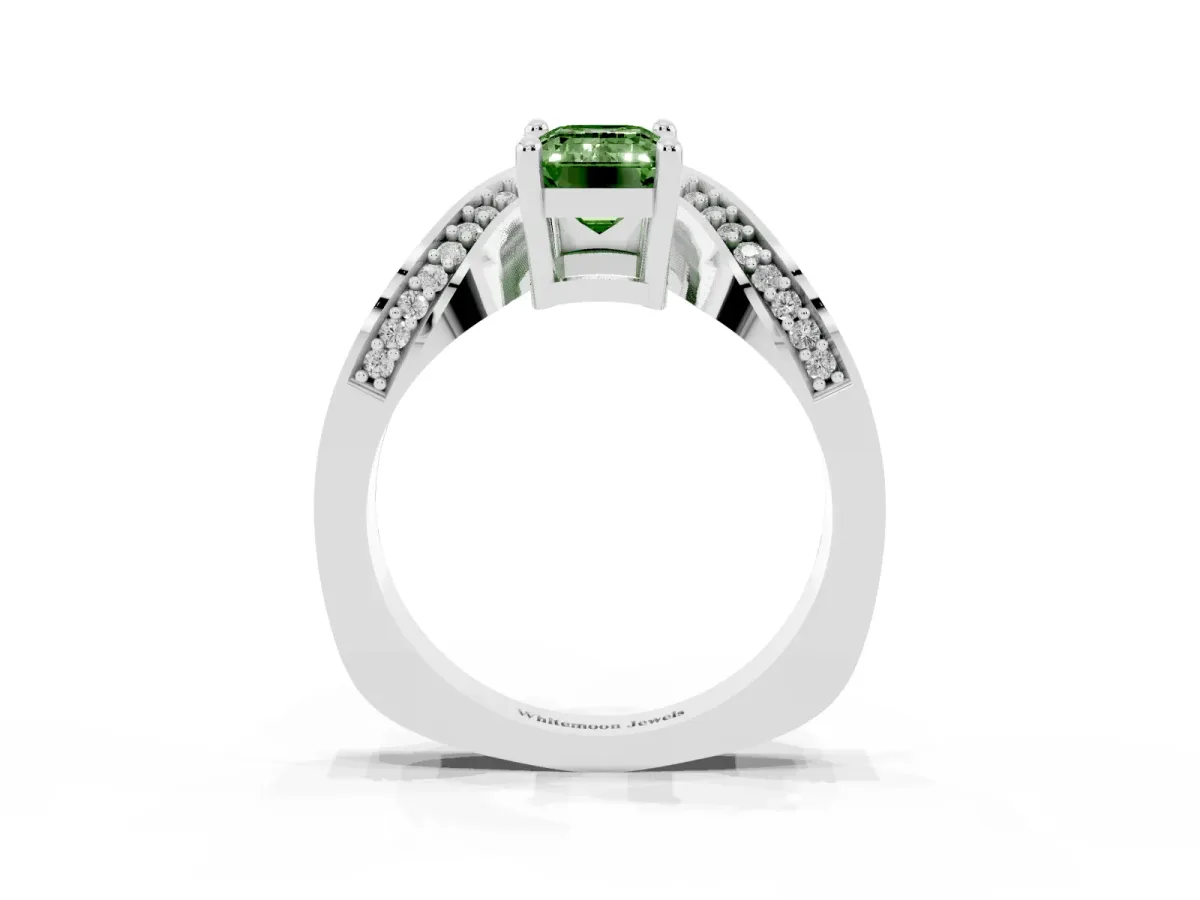 Fancy Green Emerald Cut Solitaire Diamond Engagement Ring with Pave Band and Four-Prong Setting Platinum