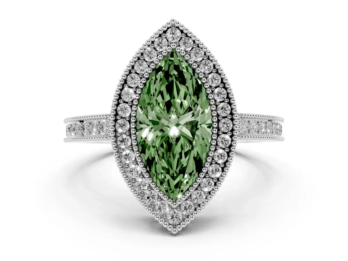 Fancy Green Marquise Cut Cut Halo Diamond Ring with Pavé Band and Milgrain Prong Setting White gold