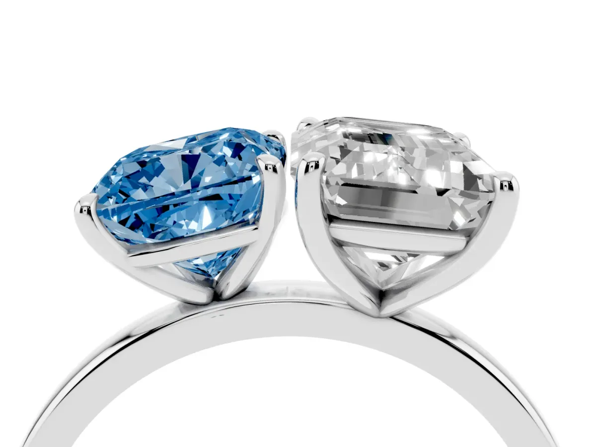 Fancy Blue Cushion Cut and Emerald Cut Toi Moi Ring with Prong Setting Platinum