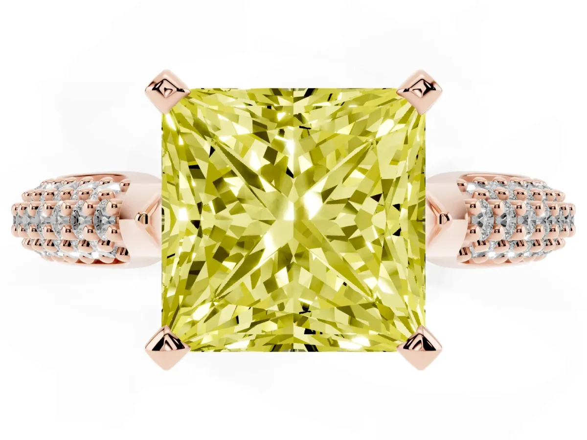 Fancy Yellow Princess Cut Diamond Solitaire Engagement Ring with Multi-Row Round Pavé Band and Prong Setting Rose gold
