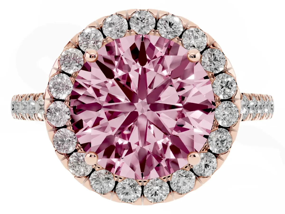 Fancy Pink Round Cut Halo Pave Diamond Engagement Ring with Four-Prong Setting Rose gold