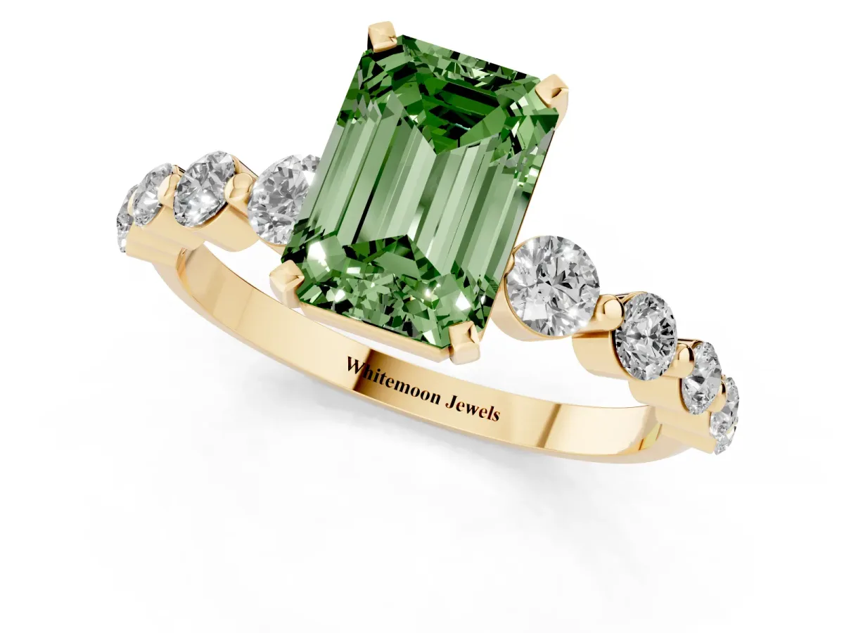 Fancy Green Emerald Cut Solitaire Diamond Ring with Pave Band and Four-Prong Setting Yellow gold