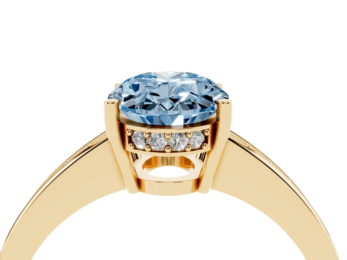 Fancy Blue Oval Cut Solitaire Pavé Band Prong Setting Ring Yellow gold