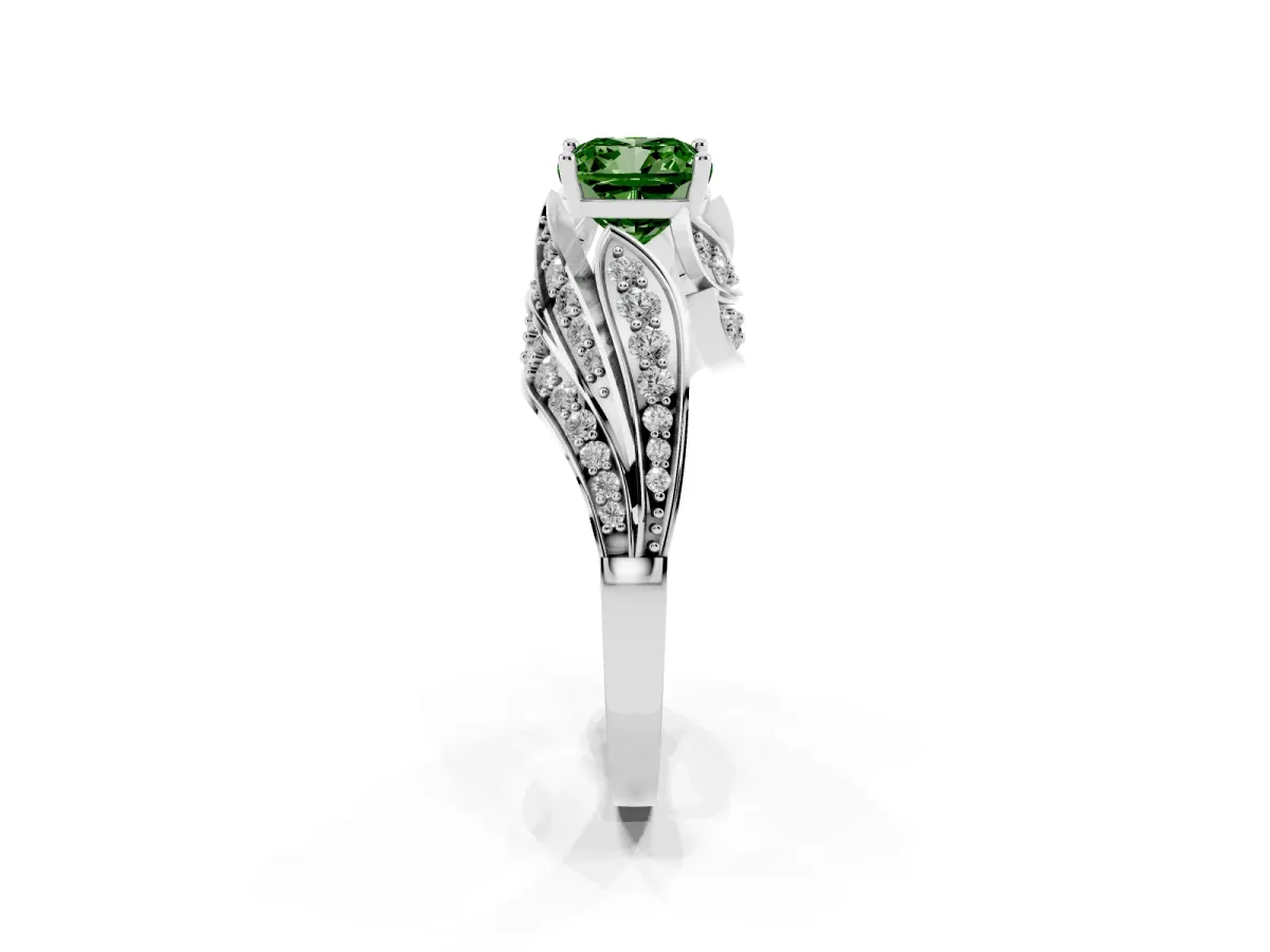 Fancy Green Cushion Cut Diamond Solitaire Ring with Prong Setting and Twisted Pavé Band Silver