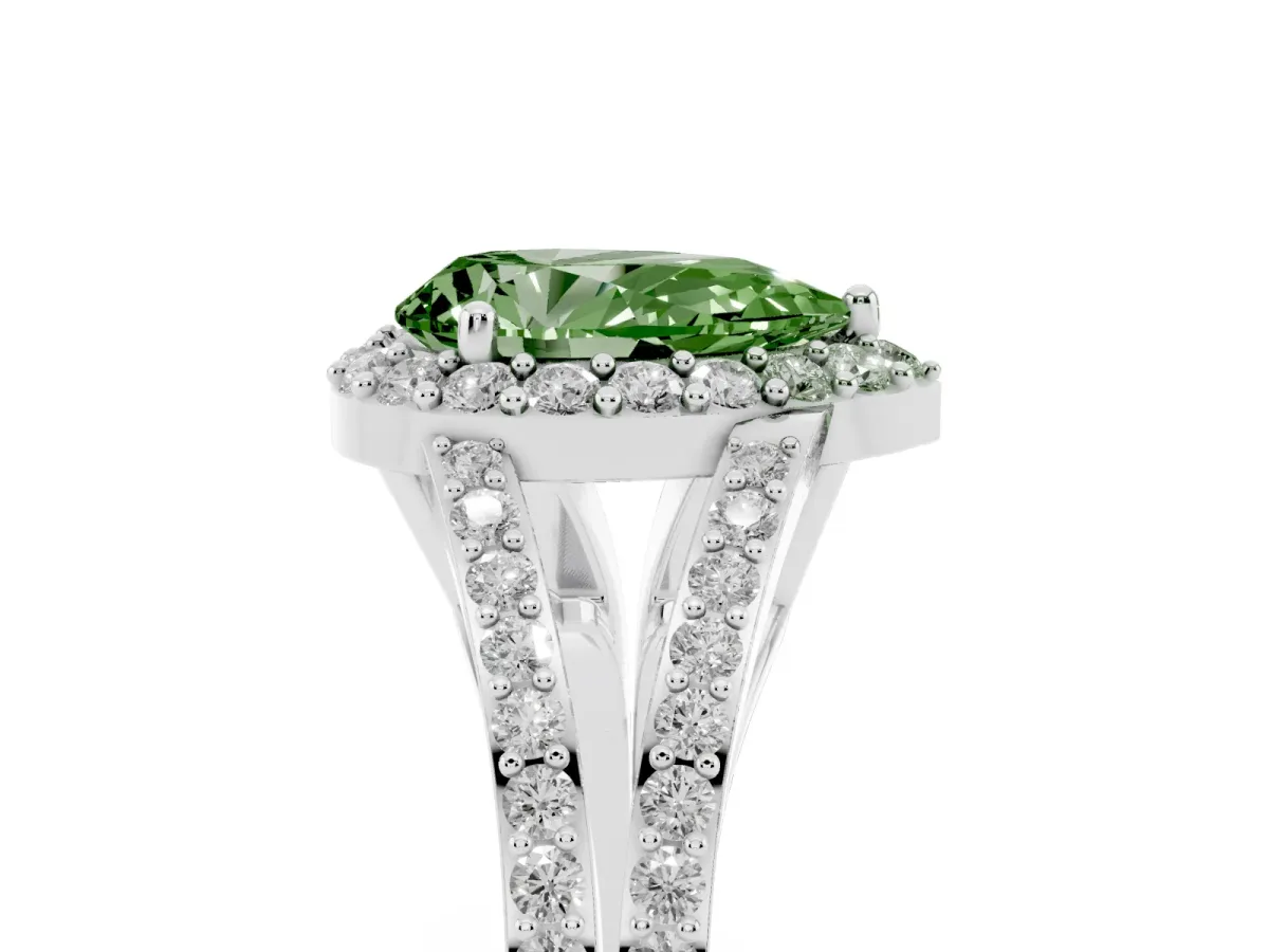 Fancy Green Pear Cut Halo Split Shank Pave Diamond Ring with Four-Prong Setting Platinum